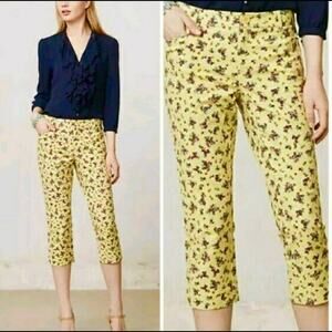 Anthropologie Women's Cartonnier Yellow Floral Cropped Pants Size 6 Spring